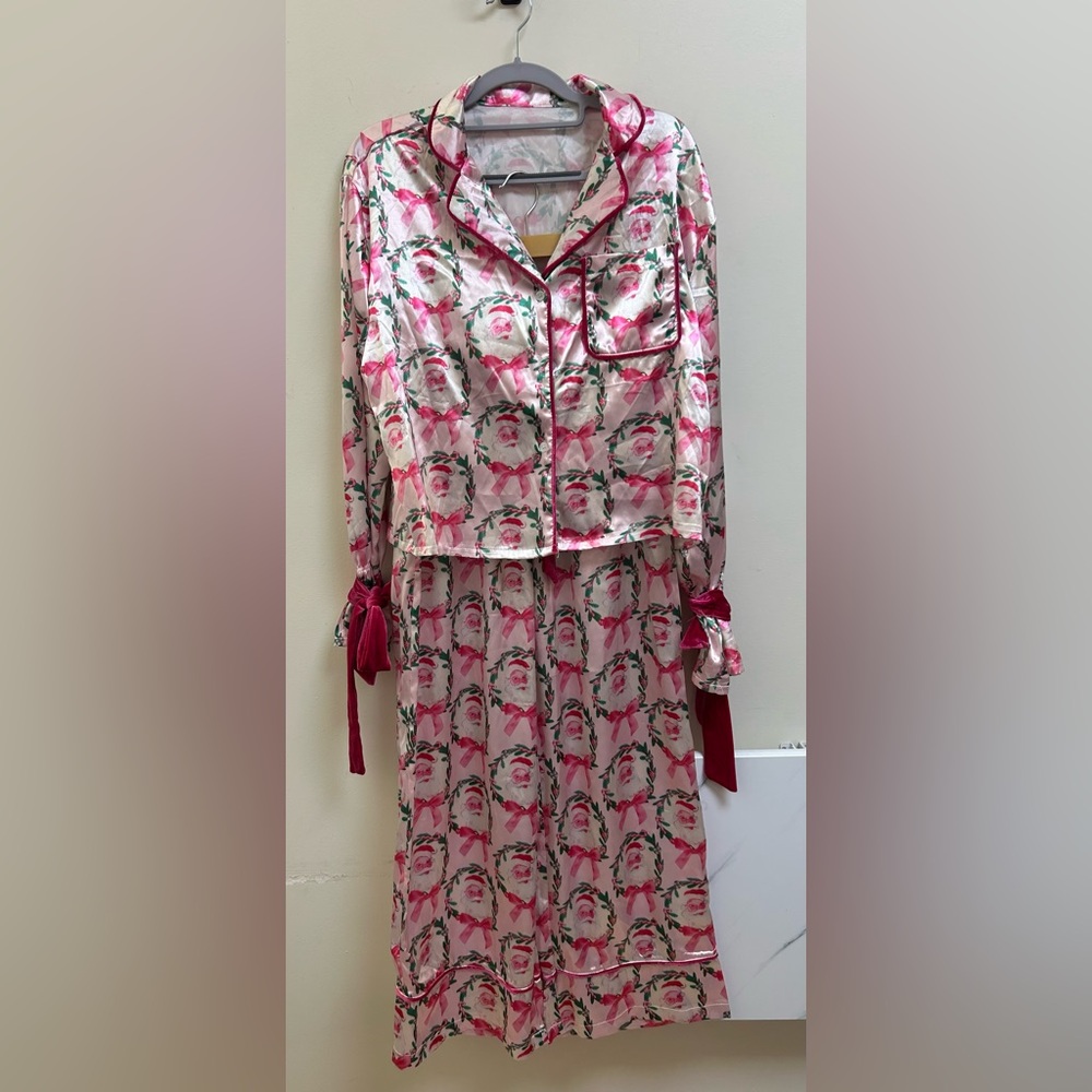 Pink Satin Santa Pajama Set – Boutique Holiday Top & Pants